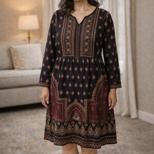 Elegant Black and Brown Boho Style Tunic Dress Size XXL